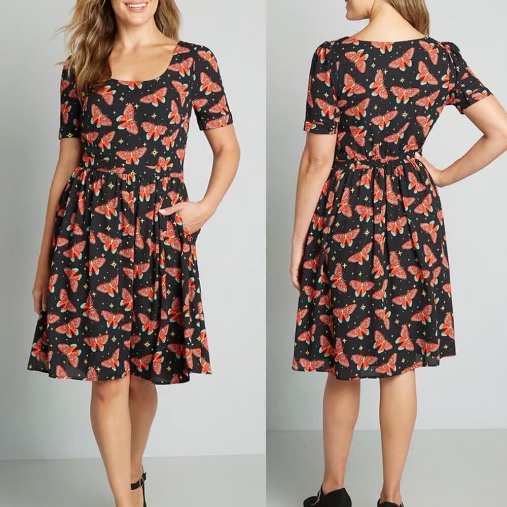 ModCloth Black Dress with Red Butterfly Print